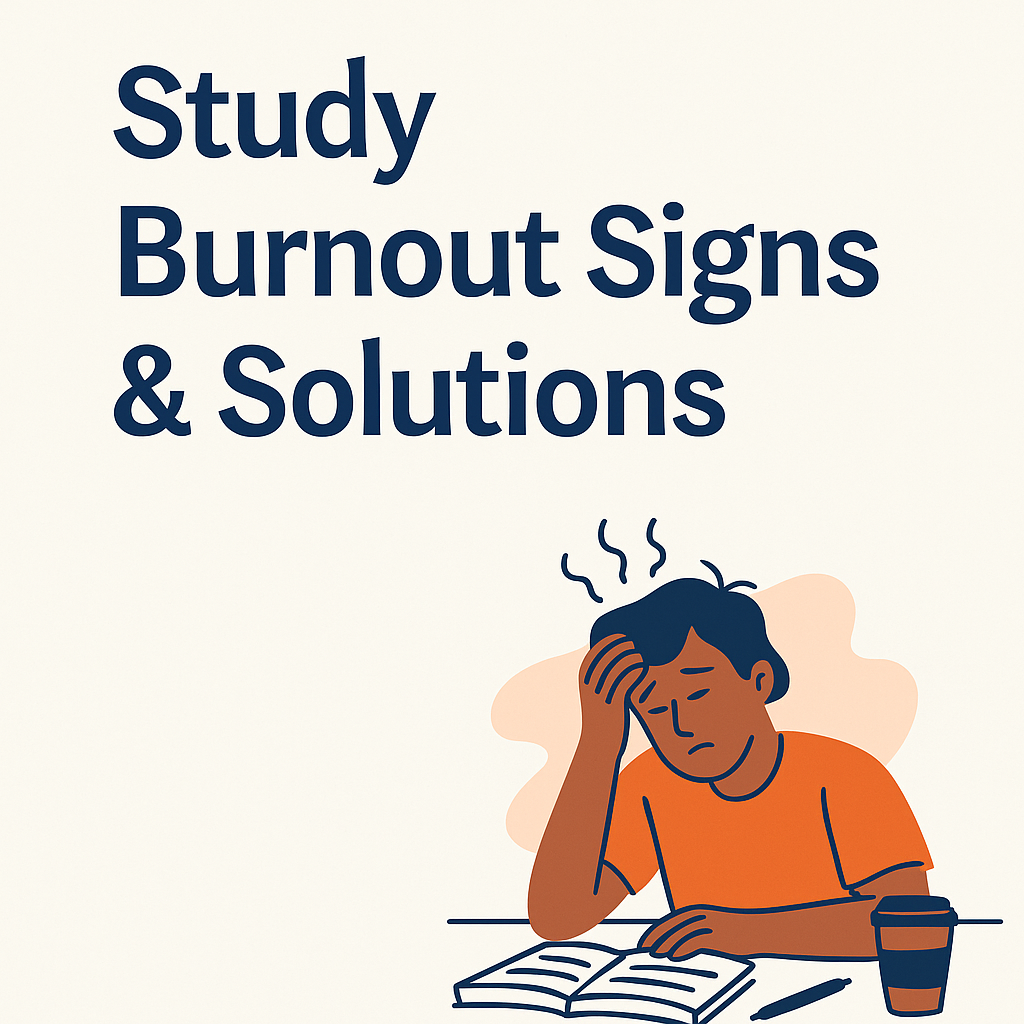 Fatigued student sitting at a desk with books and coffee, symbolizing study burnout signs and solutions.